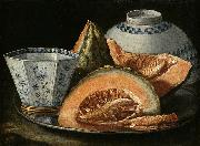 Cristoforo Munari A Still-Life with Melon, an octagonal blue and white cup on a Silver Charger oil painting